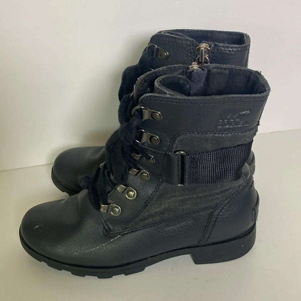 Sorel Girks Black Leather Combat Boots Lace Up Side Zip Youth Sz 2